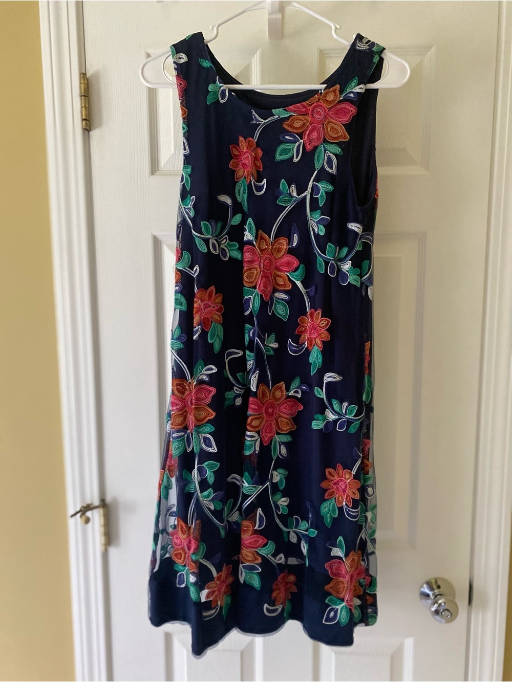 Petite Navy Floral Embroidered Dress with Pink & Green Accents (Size PM)